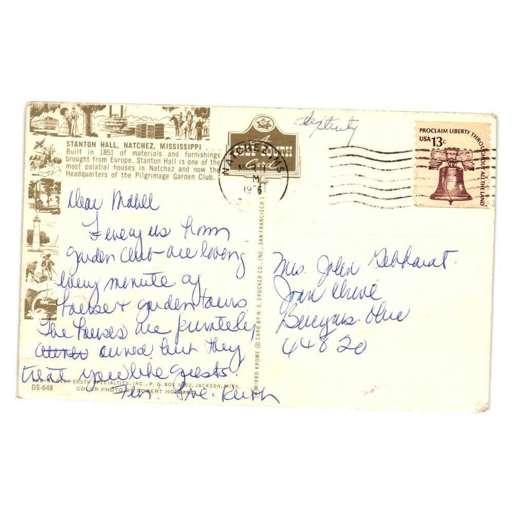 Vintage Postcard Posted March 1976 Stanton Hall Natchez Mississippi Home Garden - Picture 2 of 2